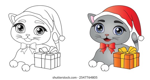 Illustration New Year, Kitty in a New Year's hat with gifts, New Year's coloring book, vector illustration of a cat.