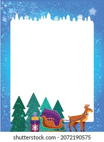 Illustration of New Year letter for Russian Santa Claus Residential with deer and present boxes with snow houses and snowflakes on blue background