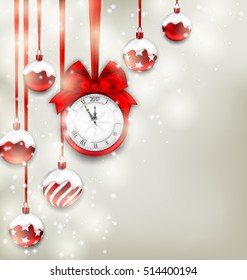 Illustration New Year Magic Background with Clock and Glass Balls, Glowing Holiday Adornment - Vector