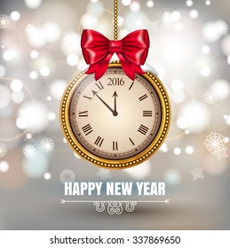 Illustration New Year Midnight 2016 Glowing Background with christmas ball Clock. Vector illustration