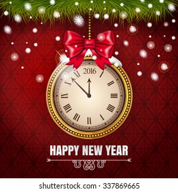 Illustration New Year Midnight 2016 Glowing Background with Clock  on the red classic background. Vector illustration.