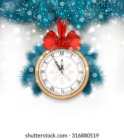 Illustration New Year Midnight Background with Clock and Fir Twigs - Vector