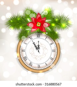 Illustration New Year Midnight Background with Clock, Fir Twigs and Poinsettia Flower - Vector