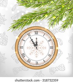 Illustration New Year Midnight Background with Clock and Fir Twigs  - Vector