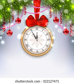 Illustration New Year Midnight Background with Clock, Balls and Fir Twigs - Vector