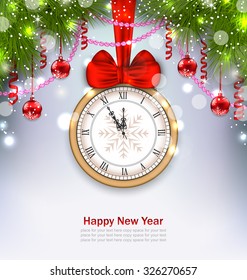 Illustration New Year Midnight Background with Clock, Balls and Fir Twigs - Vector