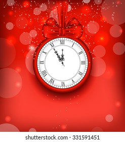 Illustration New Year Midnight Background with Clock and Bow Ribbon - Vector