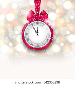 Illustration New Year Midnight Sparkling Background with Clock and Bow - Vector