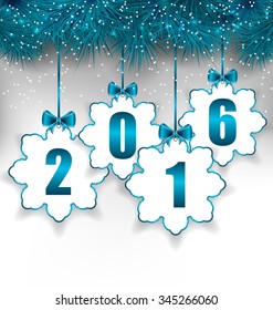 Illustration New Year Paper Snowflakes with Bows, Winter Holiday Background - Vector