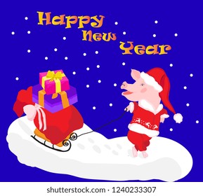 Illustration for the New Year piggy lucky sleigh with gifts.