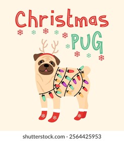 Illustration of new year pug on light pink background.