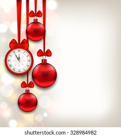 Illustration New Year Shimmering Background with Clock and Glass Balls - Vector