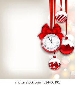 Illustration New Year Shimmering Background with Clock and Glass Balls - Vector