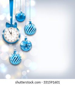 Illustration New Year Shiny Background with Clock and Glass Balls, Glowing Wallpaper - Vector