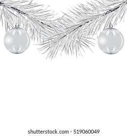 Illustration New Year Snowing Background with Silver Christmas Balls, Copy Space for Your Text - Vector