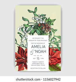 Illustration for the New Year with spruce toys, punch, mistletoe, holly. Wedding invitation for the winter ceremony. Template for the New year banner. Christmas greeting card.