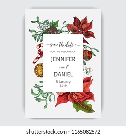 Illustration for the New Year with spruce toys, punch, mistletoe, holly. Wedding invitation for the winter ceremony. Template for the New year banner. Christmas greeting card.