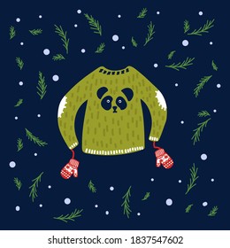 Ilustración de sudaderas de Año Nuevo con un patrón. Imagen vectorial con una chaqueta verde y mitones. Ilustración en un círculo de verdes árboles de Navidad y nieve. Ropa de abrigo de mano al estilo de