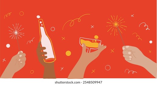 illustration of a new year vector with a hand holding a cup and fireworks for the new year celebration on a red background