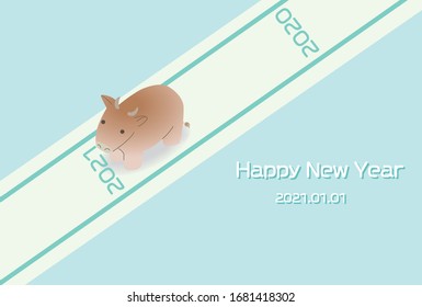 Illustration of a New Year's card with a cow on the belt marked 2020 and 2021.