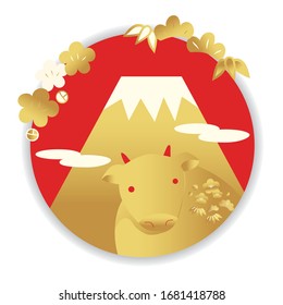 Illustration for New Year's card with cow figurine and Mt. Fuji background.(red and gole version)