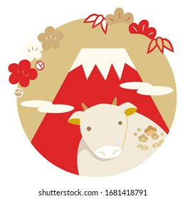 Illustration for New Year's card with cow figurine and Mt. Fuji background.