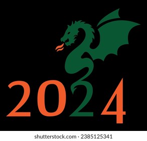 
Illustration of a New Year's card, with the image of a green dragon and orange numbers 2024 on a black background.