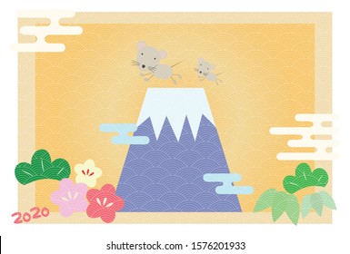 Illustration of New Year's card with two mice, Mt. Fuji, pine, bamboo and plum.