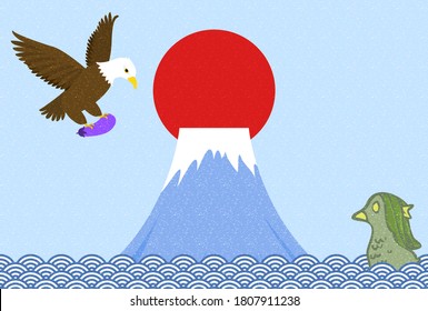 Illustration of a New Year's card in which a hawk grabs eggplant and flies against the backdrop of Mount Fuji with Amabie