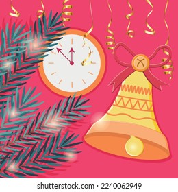Illustration of a New Year's countdown featuring a clock, festive bell, pine branches, and confetti on a vibrant pink background, perfect for holiday celebrations.