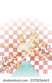 Illustration of a New Year's greeting card with a white dragon, Mt. Fuji, and checkered background.