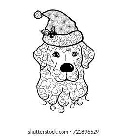 Illustration "New Year's Labrador" was created in doodling style in black and white colors.  It can be used for coloring books for adult and other decorations.