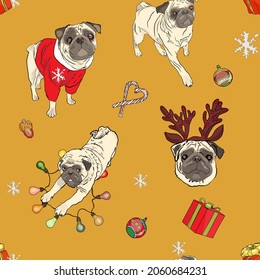 Ilustración del patrón de Año Nuevo con perros. Pugs, juguetes de Navidad, regalos, Navidad, logotipo, en blanco para el diseñador