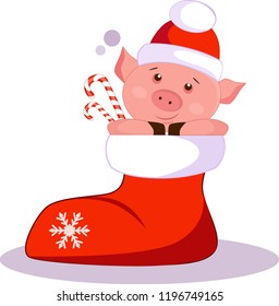 Illustration of a New Year's pig sitting in a boot with Christmas candy