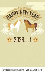Ilustração de um cartão postal de Ano Novo com um cavalo para o ano de 2026.