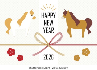 Illustration of a New Year's postcard featuring a horse for the year 2026.