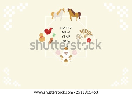 Illustration of a New Year's postcard featuring a horse for the year 2026.