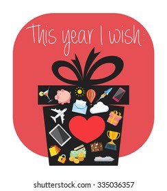 Illustration Of New Years Resolution. Flat Design Illustration Of A Gift Box Containing Icons That Are Symbols Of Wishes For The New Year.