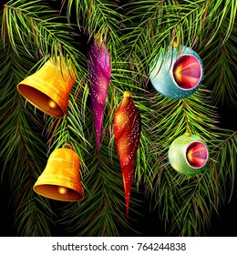 Illustration of New Year's toys. Set of three elements with fir branches behind. Hand drawn, vector - stock.