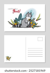 Illustration of New Year-themed greeting cards with a smiling raccoon and magical atmosphere, suitable for winter holiday 
