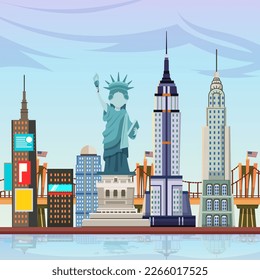 Ilustración de la ciudad de Nueva York, paisaje de edificios y la Estatua de la Libertad. Ilustración vectorial