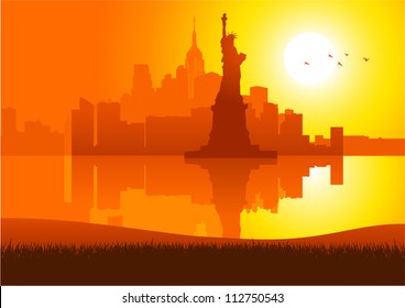 An illustration of New York City skyline at sunset