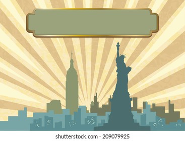 An illustration of New York City skyline in vintage color