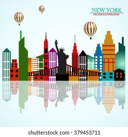 An illustration of New York City skyline with air balloon