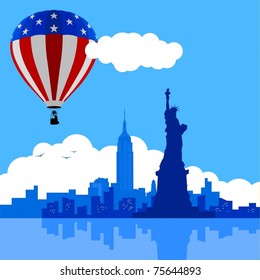 An illustration of New York City skyline with USA flag air balloon