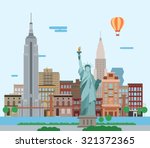 Illustration of New York City, vector landscape of buildings and the Statue of Liberty