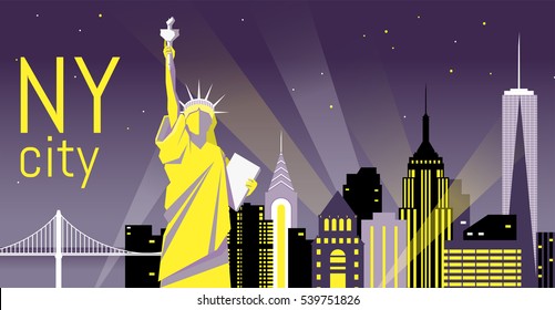 Illustration of New York City, vector landscape of buildings and the Statue of Liberty. Day view. Travel picture. Poster ad design