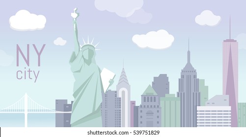 Illustration of New York City, vector landscape of buildings and the Statue of Liberty. Day view. Travel picture. Poster ad design