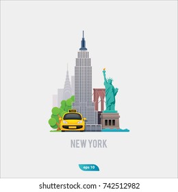 Illustration of New York City, vector landscape of buildings, bridge, city taxi and the Statue of Liberty, flat and modern design