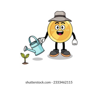 Illustration of new zealand dollar cartoon watering the plant , character design